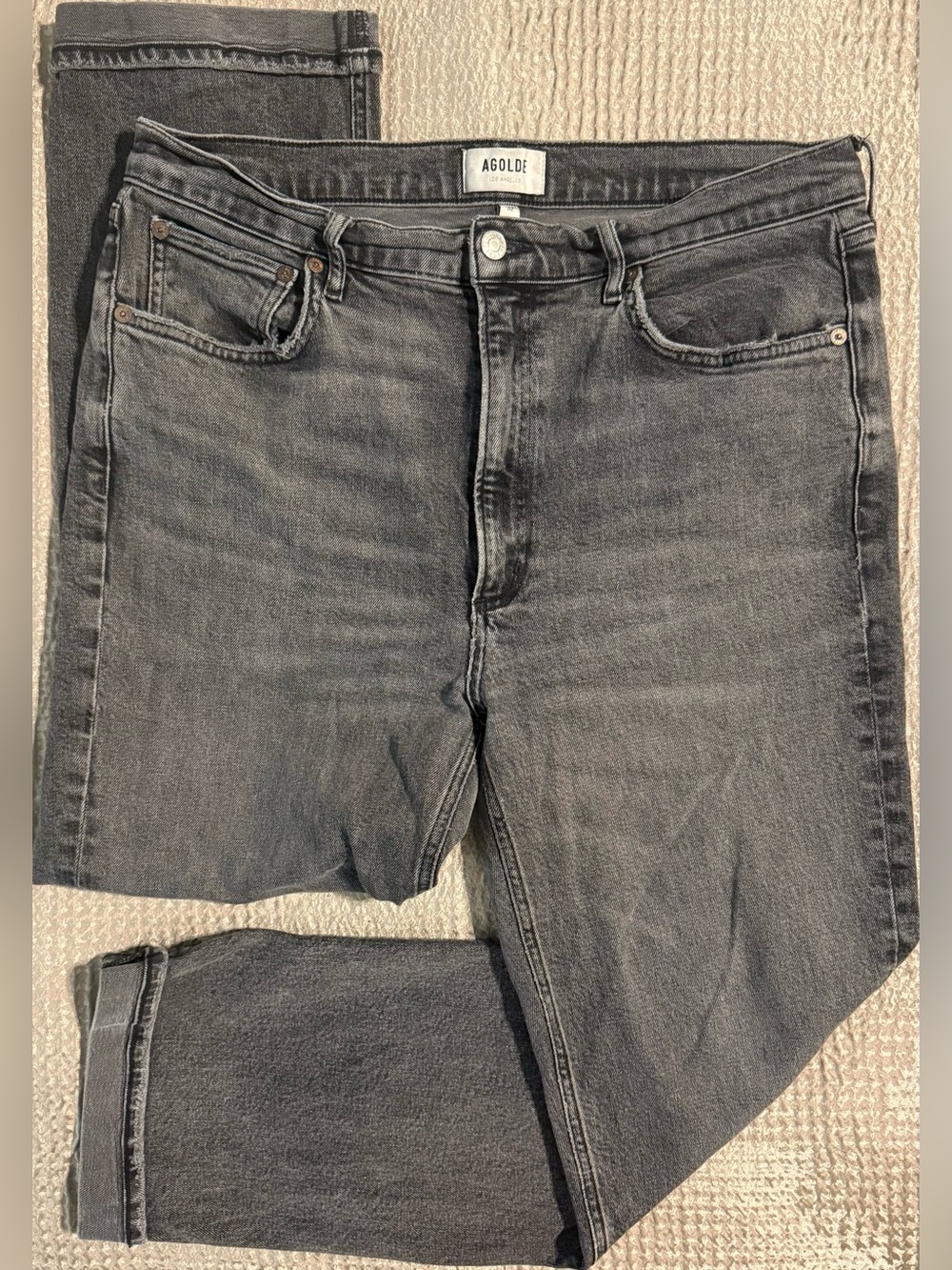 AGOLDE High Rise Stovepipe Jeans Metal Wash Black Gray WM Size 32 Hemmed 27”